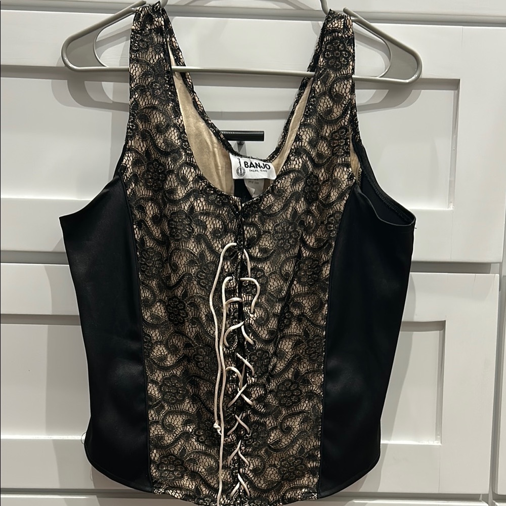 Vintage BANJO Black and Cream Lace-Up Women's Crop Top Size XL